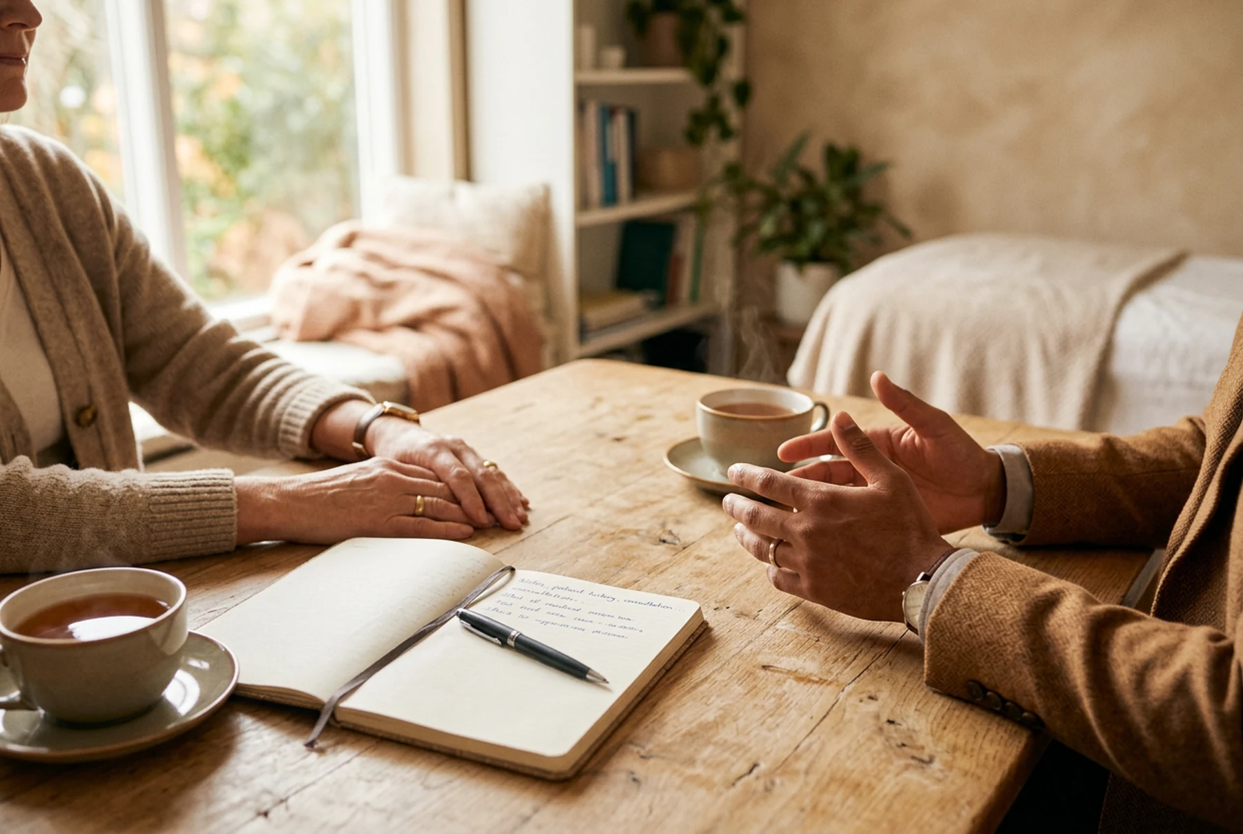 Mãos de médica e paciente em conversa sobre a mesa do consultório, com caderno de anamnese e duas xícaras de chá